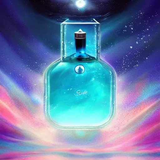 Image similar to blue perfume bottle surrounded by turquoise water droplet and galactic waves, lonely world still shining through faintly rainbow led lights, beautiful surreal scenery artwork pixiv. soul dust. unthinkable dream sublime god lighting, sun rays, cold colors. insanely detailed, artstation!! pixiv!! infinitely detailed created by god
