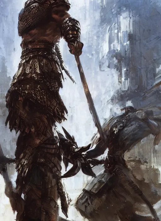 Image similar to ancient historically accurate depiction of the Bible Character Goliath of Gath, the Philistine warrior giant in ancient persian chainmail armor, dramatic lighting art by Yoji Shinkawa by Richard Schmid by greg rutkowski by Sandra Chevrier by Jeremy Lipking cinematic dramatic