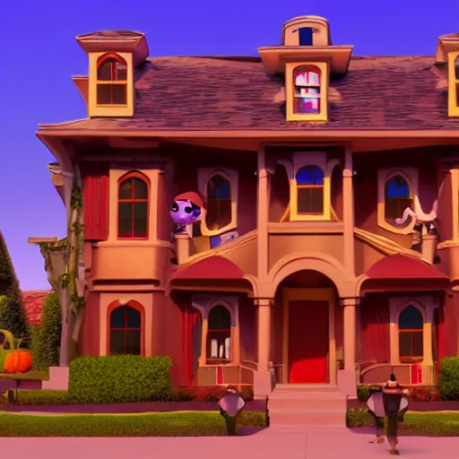 Image similar to disney movie encanto house but its haunted, spooky faces, halloween movie, cartoon pixar style, anime volumetric lighting, 3d model pixar render