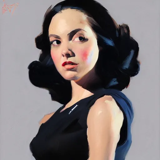 Image similar to greg manchess portrait painting of abigail shapiro in a black dress as overwatch character, medium shot, asymmetrical, profile picture, organic painting, sunny day, matte painting, bold shapes, hard edges, street art, trending on artstation, by huang guangjian and gil elvgren and sachin teng