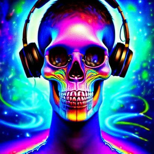 Image similar to portrait of a fantasycore glitchcore deformed skull wearing headphones. intricate abstract. intricate artwork. celestial. prismatic, by josephine wall, pixar, ghibli. octane render, CGSociety very coherent symmetrical artwork. cinematic, hyper realism, high detail, octane render, 8k, holographic accents