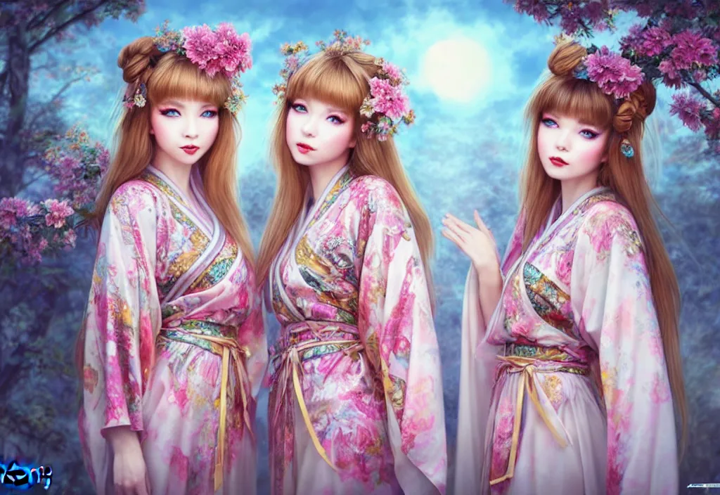 Image similar to two beautiful fashion siberian girls wear fantasy kimono in festival | | big eyes, sunny, dreamlike art, realistic shaded, smile, good looking, hyper details, 4 k realistic, cryengine, realistic shaded lighting poster by artgerm, ross tran, fuji choko, loish, 8 k resolution, trending on artstation, luxury