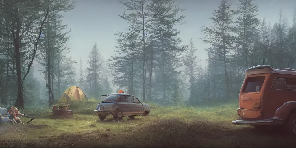 Image similar to looking out a porthole car window to see two women camping, elegant scene, low angle, wide angle, indian forest, wide angle, cinematic, ultrarealistic, trending on artstation, cgsociety, highly detailed, color graded, rendered in unreal engine 4 k hq, matte painting, by simon stalenhag and hudson river school, horizon forbidden west