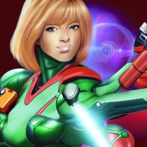 Prompt: a fantastically attractive samus aran shooting a metroid with her blaster