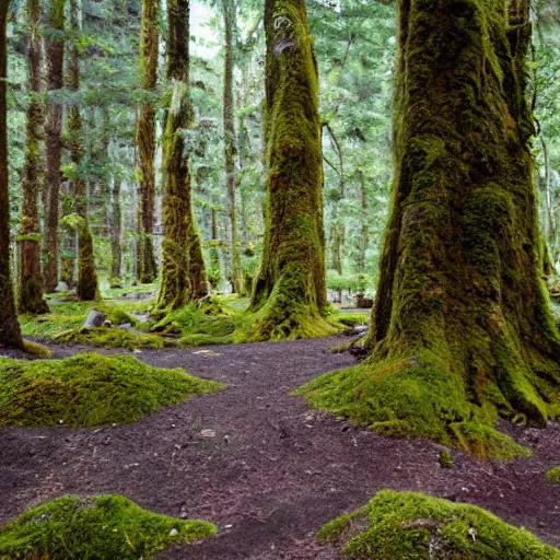 Image similar to A wide shot by a extremely high resolution digital camera of enchanted forest. Genetically modified magic moss, covering the ground, barely seen lake beneath it.