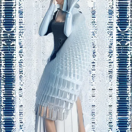 Prompt: a beautiful arabian woman wearing a futuristic dress by alexander mcqueen, thom browne, junya watanabe, dzhus, ara jo,, gareth pugh, julia krantz, andrej pejic, winde rienstra, hussein chalayan, artgerm, arabian beauty, blue eyes, smile, futuristic, organic dress, pattern, concept art, fantasy