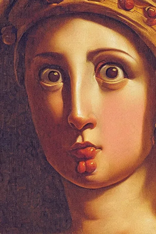 Image similar to beautiful woman, scared face, closeup, dressed in roman clothes, ultra detailed, art by Guido Reni style