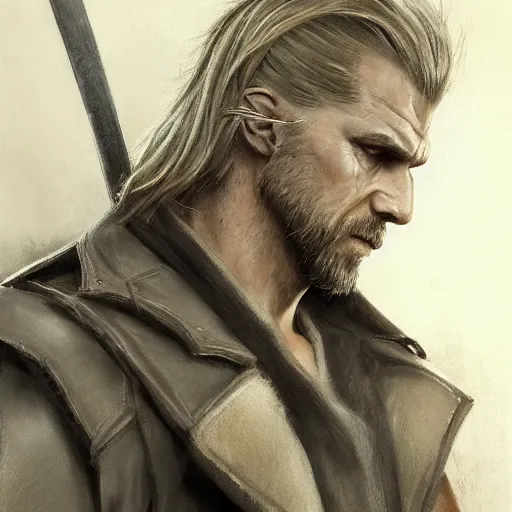 Image similar to portrait of a muscular, grim, ponytail haired blonde man in his late 30's, wearing a thick brown leather coat, looking to his side, scarred face, hunter, DnD character, fantasy character, dramatic lighting, high detail, graphite black and white by Ruan Jia, Krenz Cushart, Rossdraws and Boris Vallejo