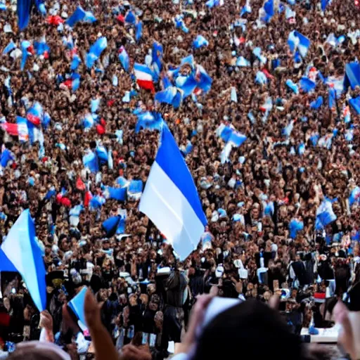 Image similar to Lady Gaga as president, Argentina presidential rally, Argentine flags behind, bokeh, giving a speech, detailed face, Argentina