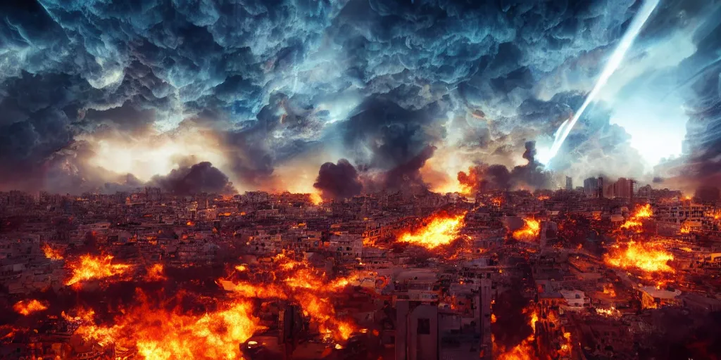 Image similar to tel aviv on fire smoking fire hot after battle of aliens epic sky photography octane render hyper realistic detailed