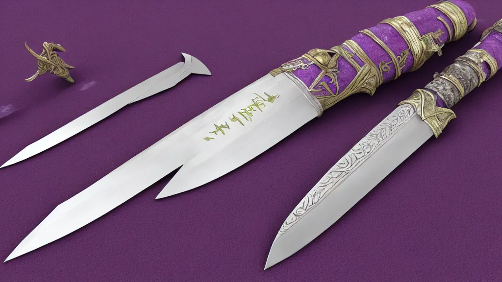 Image similar to medieval broad sword, purple aura, purple inscription on blade, intrinsic design, hyper detailed, 4 k, 8 k, octane render