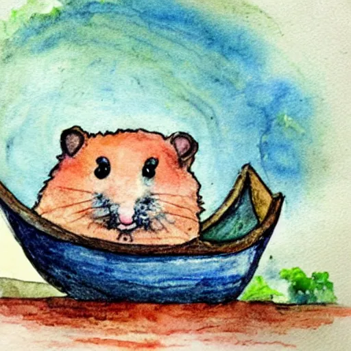 Image similar to A hamster made out of iron in a boat on a river, watercolors by 5 year old