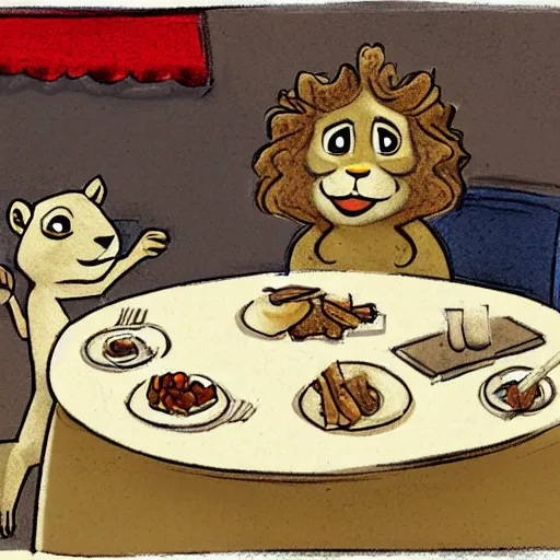 Prompt: a squirrel and a lion are having dinner in a fancy greek restaurant. sketch for a pixar film