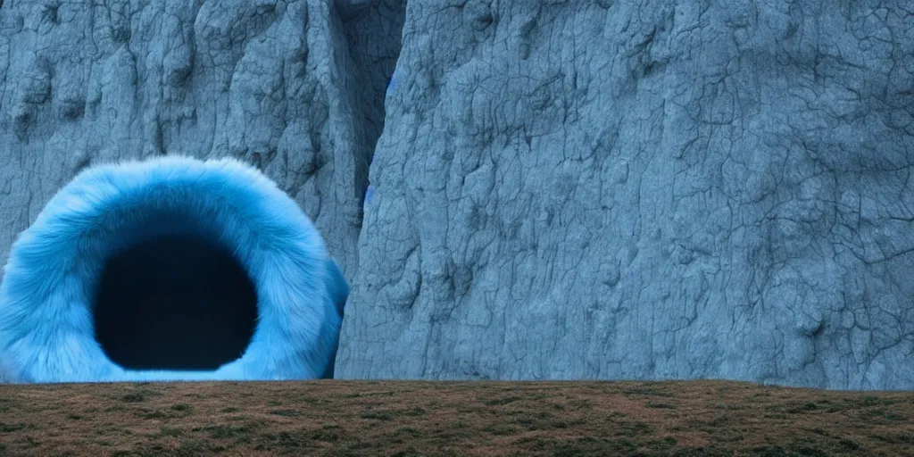 Image similar to a strange huge translucent pvc inflated organic architecture building with blue fluffy fur inside by anish kapoor sits in the rock mountains, film still from the movie directed by denis villeneuve with art direction by zdzisław beksinski, close up, telephoto lens, shallow depth of field