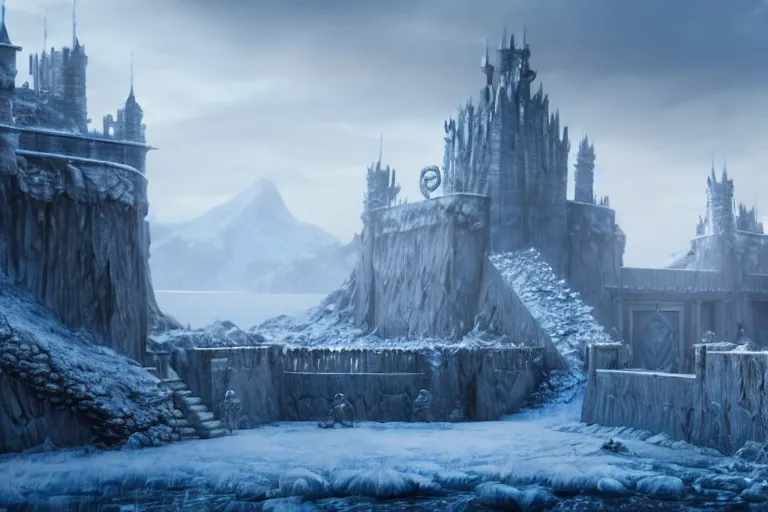 Image similar to a very detailed concept art of game of thrones gates to frozen fantasy world, trending on artstation, digital art, 4 k, hyper realistic, octane render, sharp focus