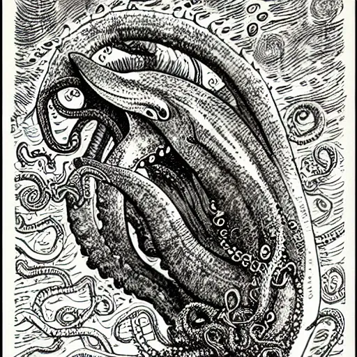 Prompt: a lovecraftian dolphin monster with lots of tentacles | sitting in a fishbowl | illustration, very detailed, pen, ink and watercolors, drawn by brian bolland