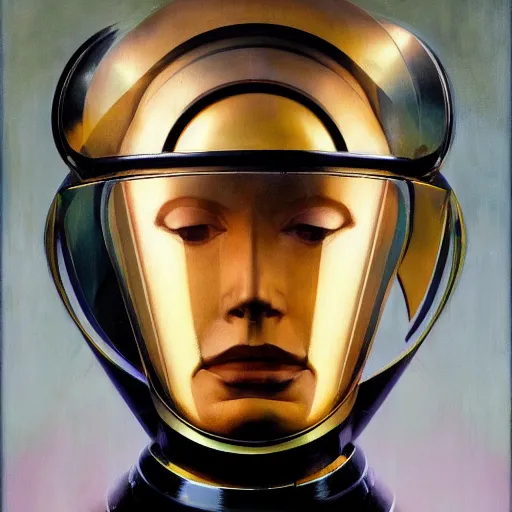 Image similar to portrait headshot of sci fi human explorer, melancholic complex flat geometric minimalism by oskar schlemmer, moebius, john berkey, oil on canvas, portrait facial head, featured on artstation, hd wallpaper, anime art nouveau cosmic display