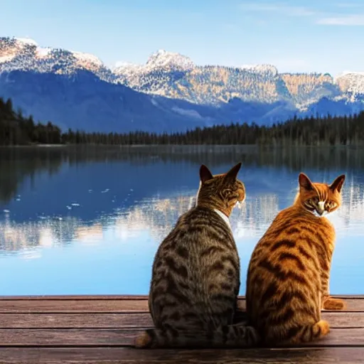 Image similar to two cats staring off into the distance on a wooden dock, in the background is a beautiful view of a crystal clear lake and a mountain range