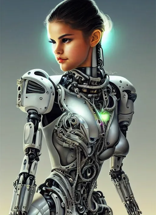 Prompt: portrait of a beautiful female robot from the future wearing biomechanical armor, selena gomez, carrying a rifle, intricate, elegant, glowing lights in armor, highly detailed, digital painting, artstation, glamor pose, concept art, smooth, sharp focus, illustration, epic angle, art by artgerm and greg rutkowski, artey freytag, alvin schwartz