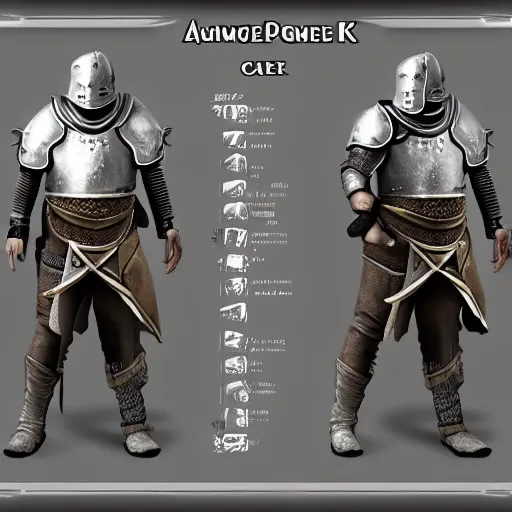 Image similar to RPG game character sheet for a character that looks like a knight, wearing armor, HDR, 4k, 8k