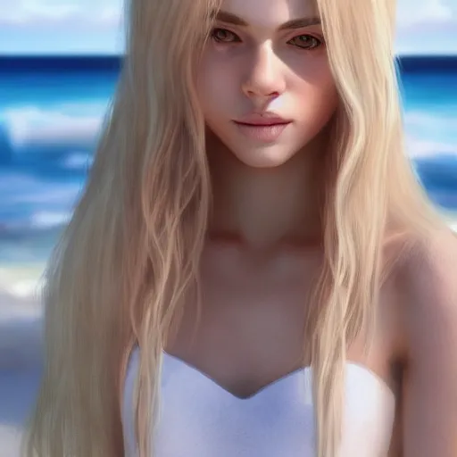 Image similar to woman with long blonde hair wearing white clothing siting on a beach, beautiful, 8k, highly detailed, realistic, artgerm, sakimichan, rutkowski, trending on artstation, pixiv, perfect face, portrait,