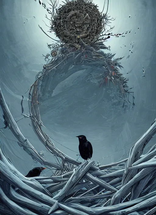 Image similar to crows nest like a wreath, cruelty, black crows, light effect, hyper detailed, intricate, elegant, highly detailed, digital painting, artstation, concept art, matte, sharp focus, illustration, by dan mumford, yusuke murata, makoto shinkai, ross tran