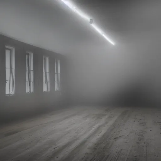 Prompt: a ghost of smoke and wires in an empty white misty room, eerie
