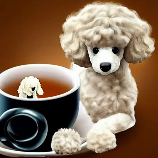 Image similar to very realistic cute poodle sitting inside a tea cup