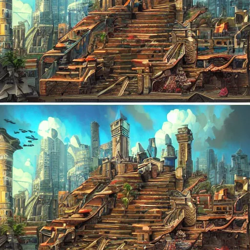 Image similar to a painting of a bunch of buildings with stairs, a detailed matte painting by dan mumford, deviantart contest winner, maximalism, 2 d game art, detailed painting, physically based rendering