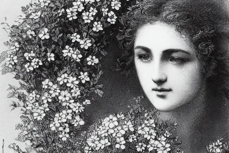 Prompt: black and white, close-up of high detailed young french woman face covered by flowers, Gustave Dore lithography