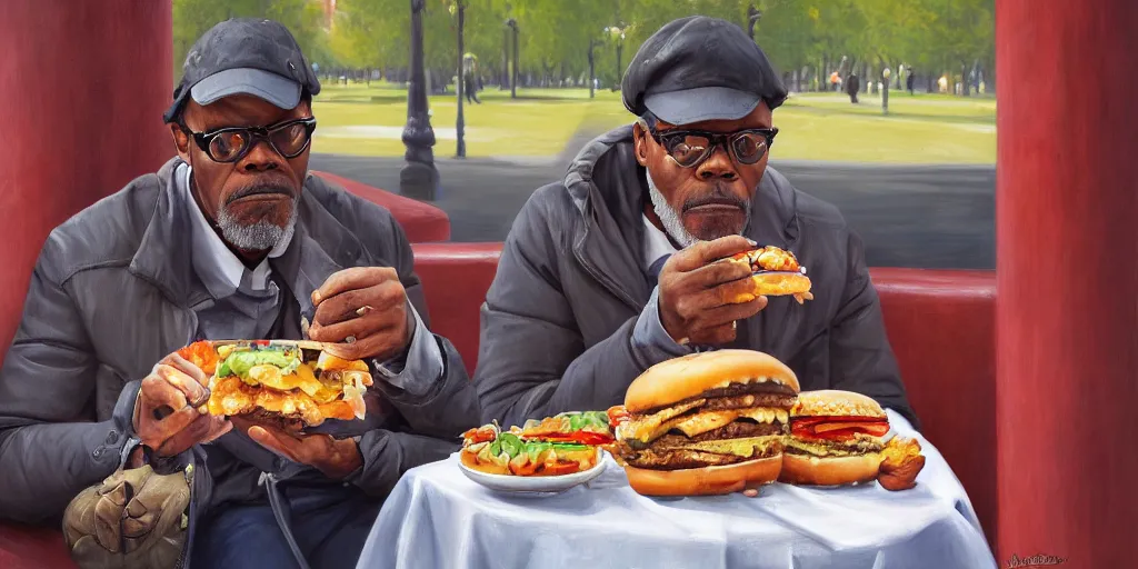 Image similar to highly detailed portrait painting of young samuel l jackson eating burger sitting on bench near moscow kremlin, balalaika, perfect symmetrical eyes, by eddie mendoza and tyler edlin, 8 k resolution