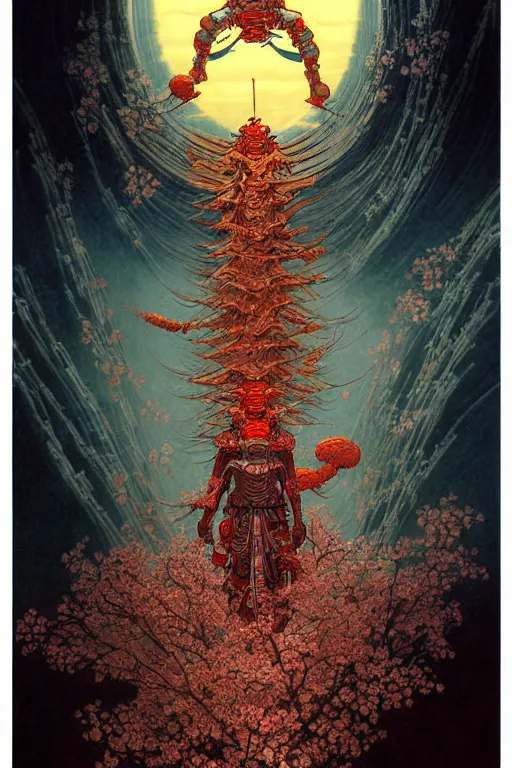 Image similar to japanese oni, character portrait, portrait, close up, concept art, intricate details, highly detailed, cherry blossom, soft light, vintage sci - fi poster, in the style of chris foss, rodger dean, moebius, michael whelan, and gustave dore