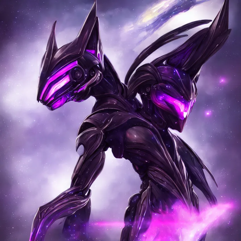 Image similar to cinematic bust shot, cosmic sized proportional stunning beautiful hot female warframe, detailed robot mecha female dragon head, metal ears purple eyes, sleek silver armor, fuschia skin, floating in empty space, nebula sized, posing elegantly, epic proportions, epic size, epic scale, furry art, dragon art, giantess art, warframe fanart, furaffinity, deviantart