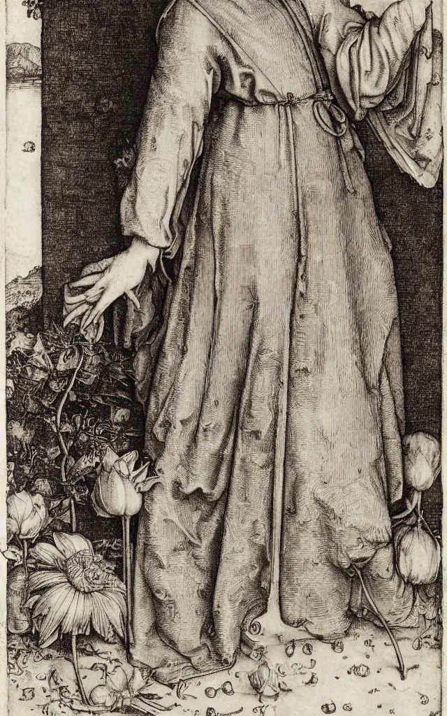 Prompt: Albrecht Durer, Hans Holbein, Lucas Cranach, engraving of a female boddhisatva standing on a lotus flower