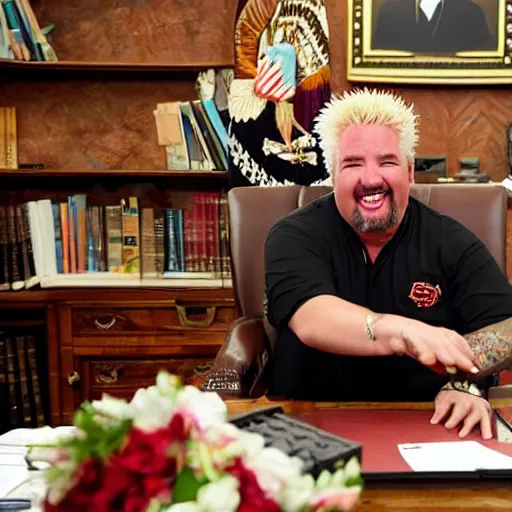 Prompt: President Guy Fieri at his desk in the Oval Office, news camera footage