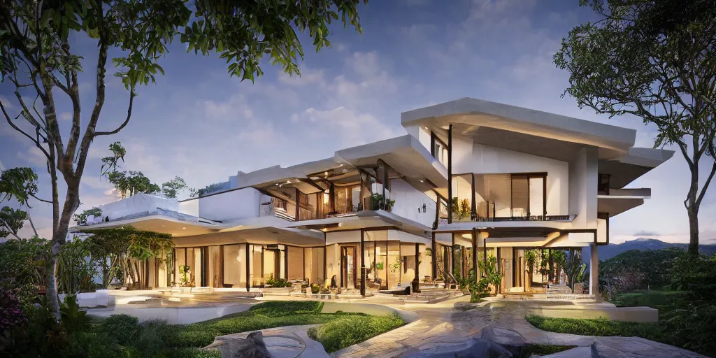 Image similar to 3d rendering of beautiful nature meets architecture concept of a residential house. balinese architecture, volumetric lighting, luxury, high detail, 14mm, cinematic photography, cg architects, high resolution