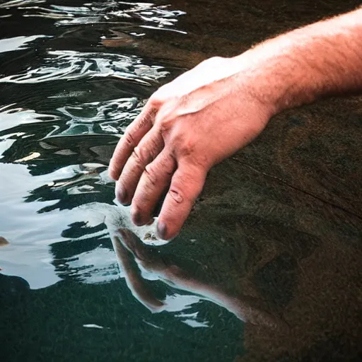 Image similar to a man touching a pool of liquid that shows a reflection of a ghost
