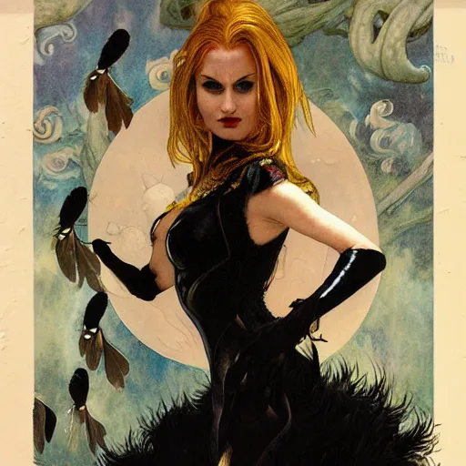 Prompt: dark swan queen, black feathers instead of hair, feathers growing out of skin, black fingers with black claws, bird feet, black bodysuit, disney villain, dark fae, moulting, suspended in zero gravity, on spaceship with cables hanging down, highly detailed, mike mignogna, ron cobb, mucha, oil painting