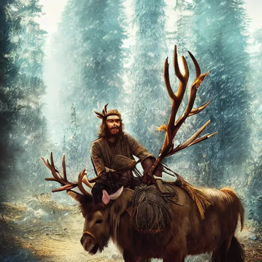 Image similar to hippie tribal hobo wearing twigs and leaves smiling sheepishly, riding tiny scuffy donkey with novelty oversized antlers, autumn forest, highly detailed, dramatic lighting, night time, cinematic, hyperrealistic, detailed, movie still from game of thrones