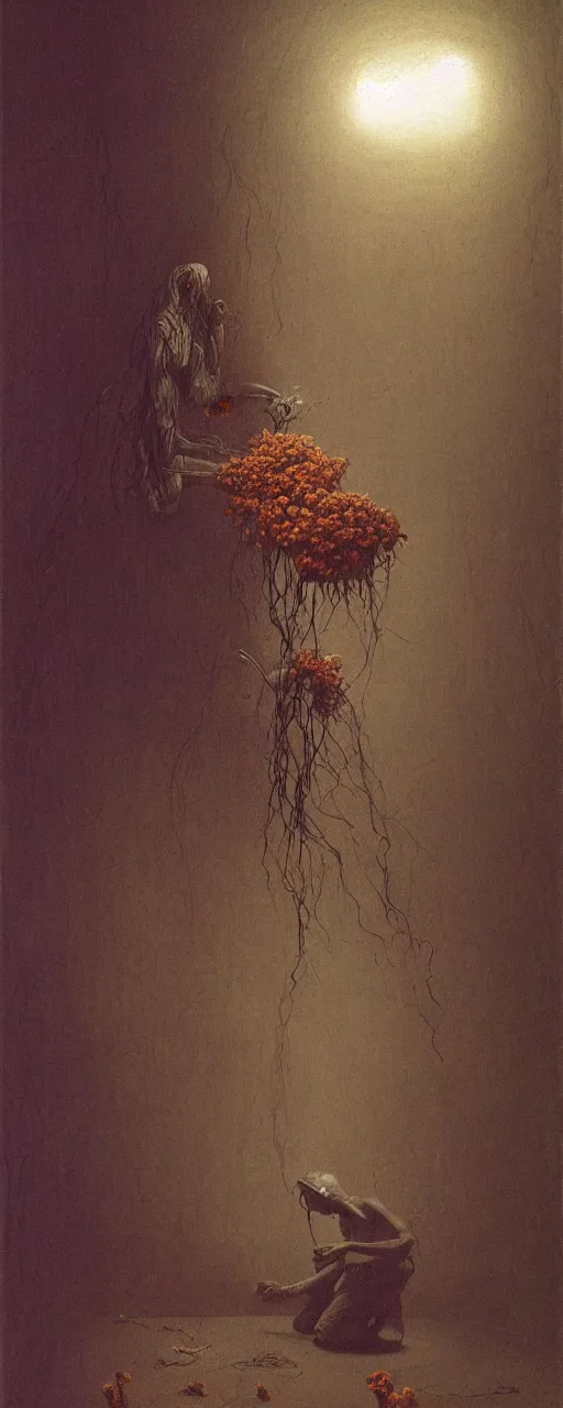 Image similar to a golemn tending to a beautiful dried flower in a dark room, zdzislaw beksinski, arthur rachham, 8 k, artstation, interior