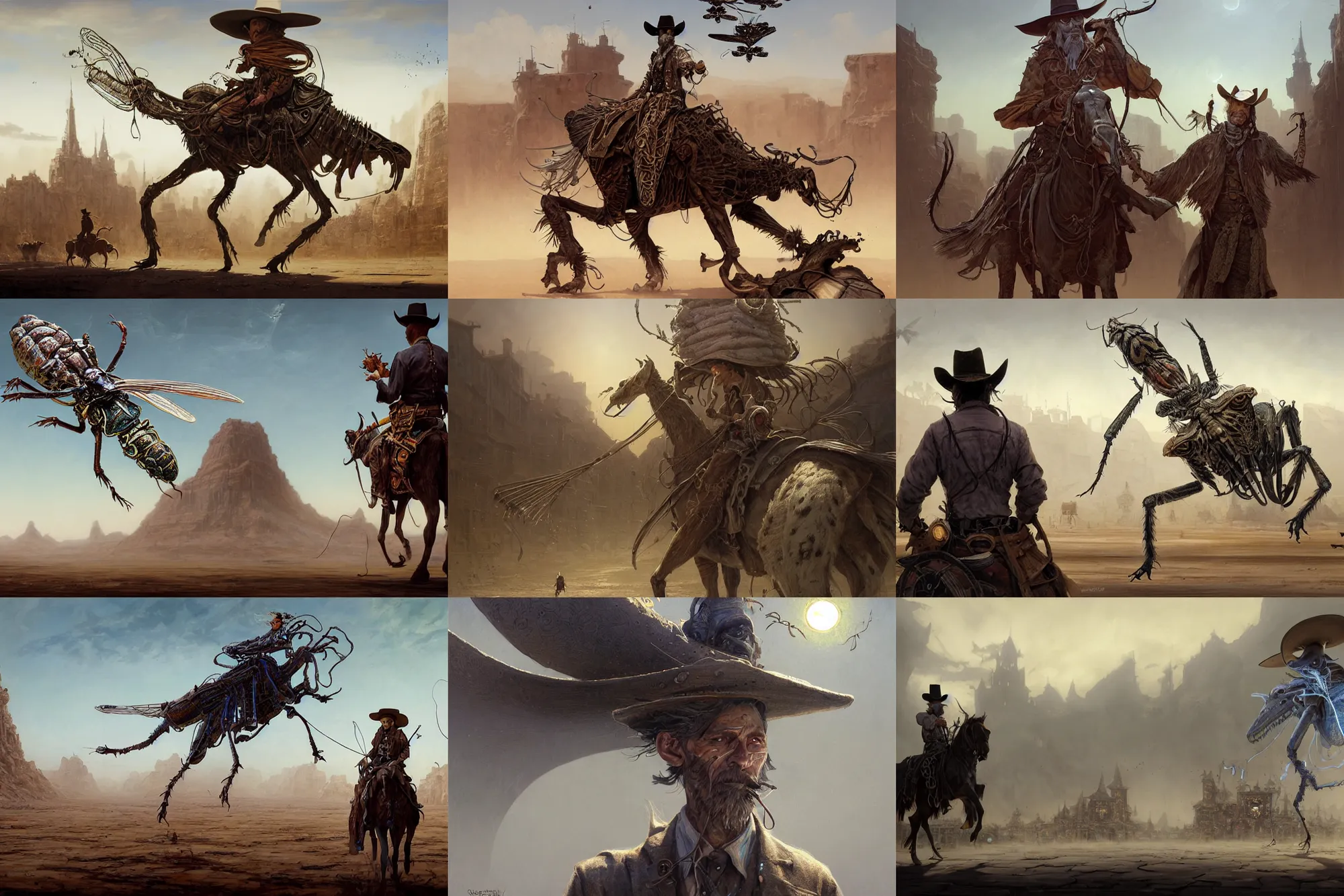 Prompt: A very highly detailed cowboy wizard with a very highly detailed face with spellbooks and potions riding on a very higly detailed large grasshopper insect on the street of a wild west town digital rational painting art by Greg Rutkowski, sci-fi magic highly detailed, digital concept art, sharp focus, realistic concept art by Stephen Hickman and James Gurney and Hiromasa Ogura Ghost in the Shell rendered in Octane Render, From the distance