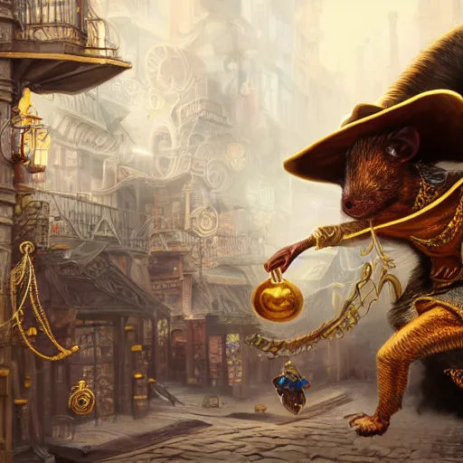 Image similar to anthropomorphized rat thief stealing gold coins from a shop, wearing fancy hat and clothes, concept art, insanely detailed and intricate, hypermaximalist, elegant, ornate, hyper realistic, super detailed, art deco, cinematic, trending on artstation, magic the gathering artwork