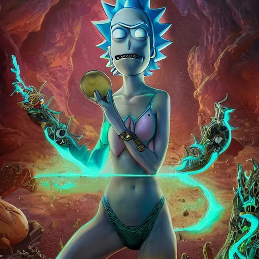 Image similar to rick and morty, fantasy character portrait, bikini, bodysuit, leotard, ultra realistic, wide angle, intricate details, the fifth element artifacts, highly detailed by peter mohrbacher, hajime sorayama, wayne barlowe, boris vallejo, paolo eleuteri serpieri