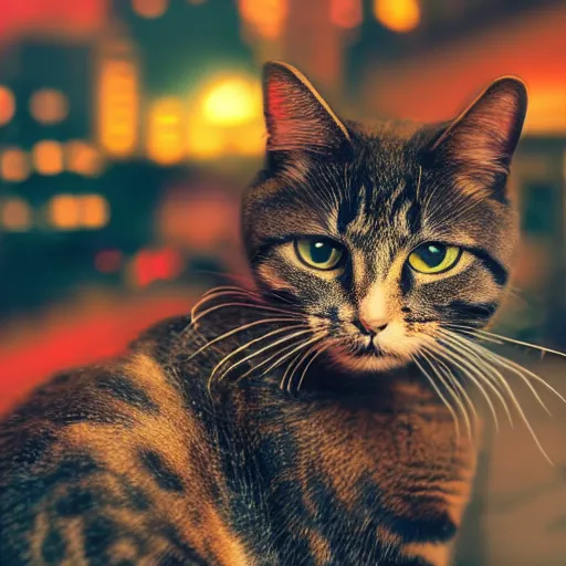 Image similar to professional photograph of a cat in a neon dystopian city, high quality, highly detailed, HD, 8K