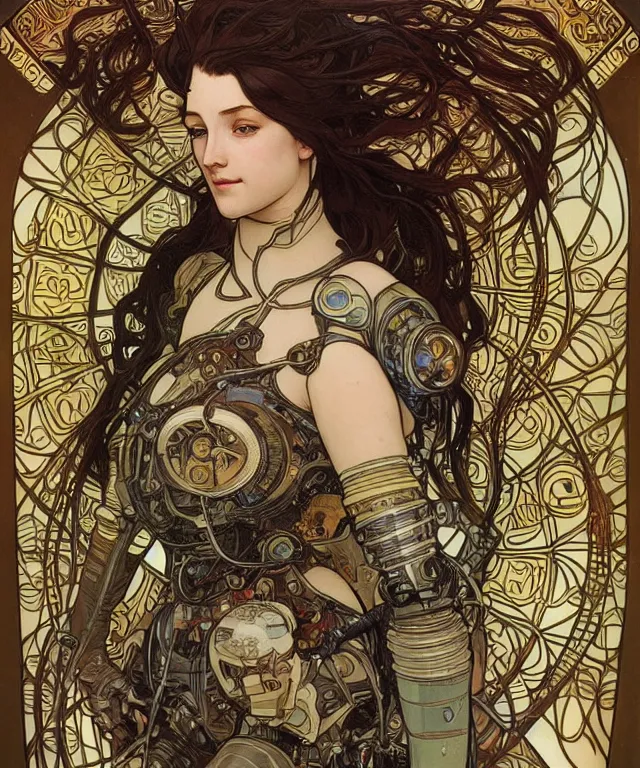 Image similar to realistic detailed portrait of a humanoid mecha cyberpunk! goddess by Alphonse Mucha and Charlie Bowater and art germ, rule of thirds, golden ratio, Art Nouveau! cyberpunk! style, mechanical accents!, mecha plate armor, flowing wires with leaves, art nouveau accents, art nouveau patterns and geometry, rich deep moody colors, portrait style with the subject in the middle of the frame