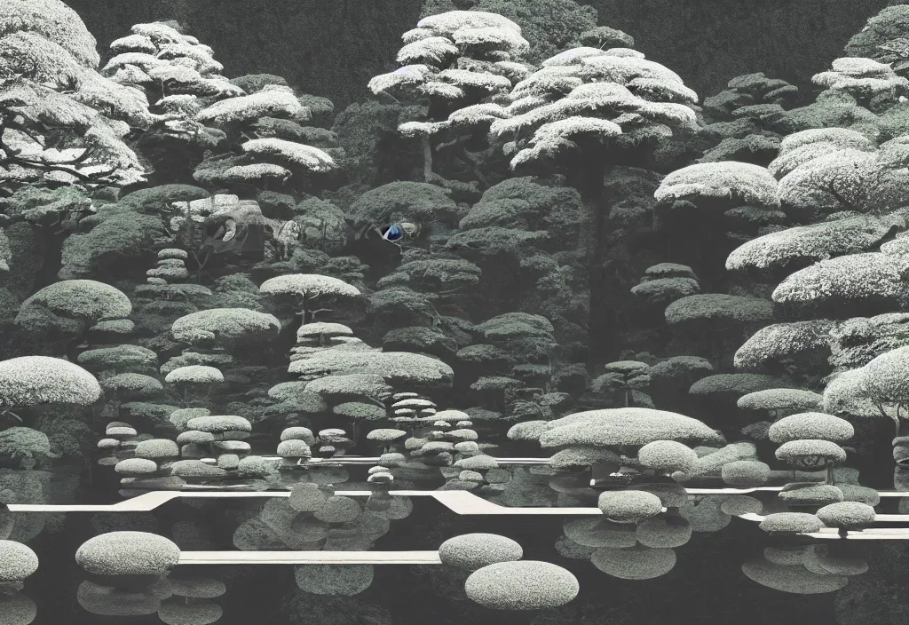 Prompt: serene beautiful temple rock garden kyoto, japan, a collage painting, in the style of wes anderson, lola dupre, david hockney, isolated on negative white space background dark monochrome fluorescent neon spraypaint accents volumetric octane render