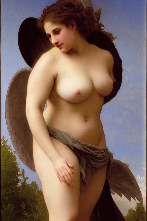 Image similar to ashley graham as bbw angel in a romantic painting by william adolphe bouguereau, photorealistic, sharp and ultradetailed