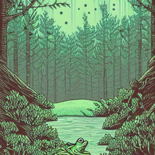 Prompt: A frog inside a forest by Dan Mumford