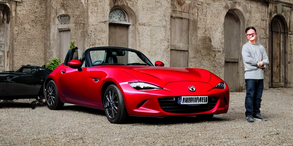 Image similar to a wide angle photograph of a grey rabbit posing with their red mazda mx-5