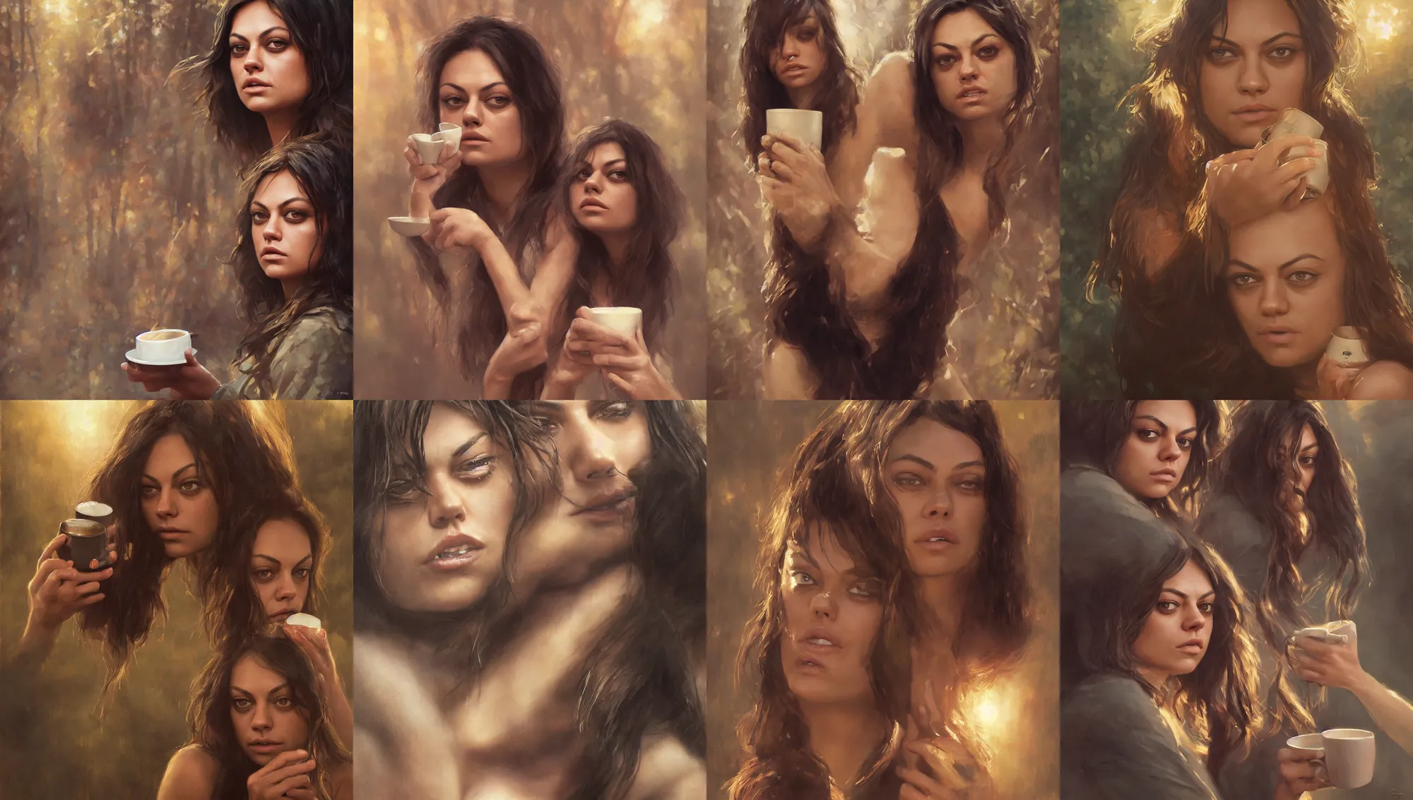 Image similar to close portrait of sleepy mila kunis waking up with coffee, dramatic light, morning golden hour, forest cabin background, 2 0 0 mm focal length, 1 9 7 0 s, painted by stanley lau, painted by greg rutkowski, painted by stanley artgerm, digital art, trending on artstation